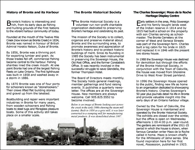 Bronte Historical Society general brochure page 2